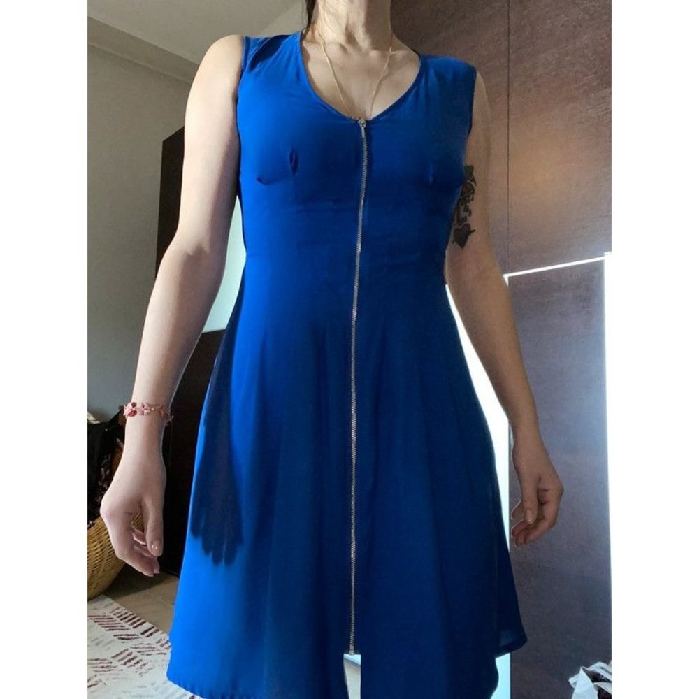 H&M Womens Zip Up Sheath Dress Sleeveless Mini Deep V Neck Cobalt Blue Size 4